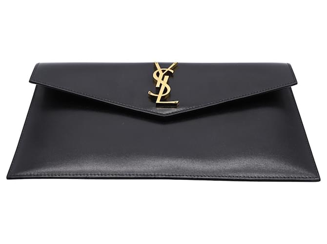 Saint Laurent Logo Plaque Clutch Envelope in Black Leather