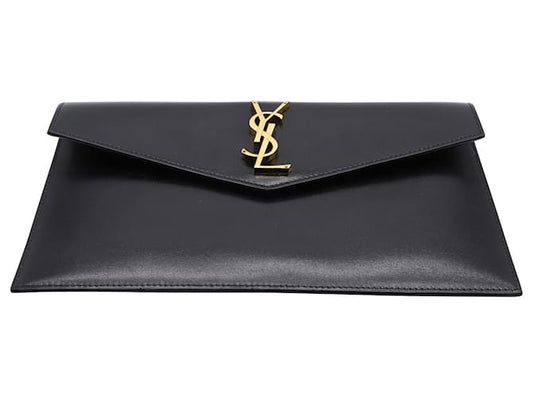 Saint Laurent Logo Plaque Clutch Envelope in Black Leather