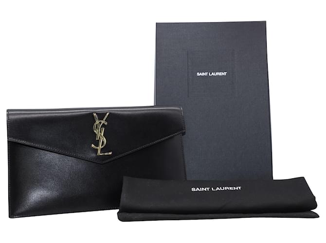 Saint Laurent Logo Plaque Clutch Envelope in Black Leather