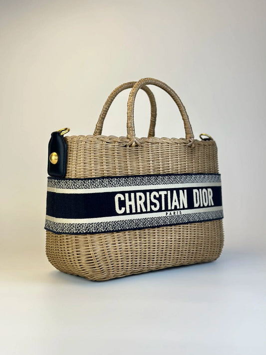 Logo-Jacquard Wicker Basket Small Bag