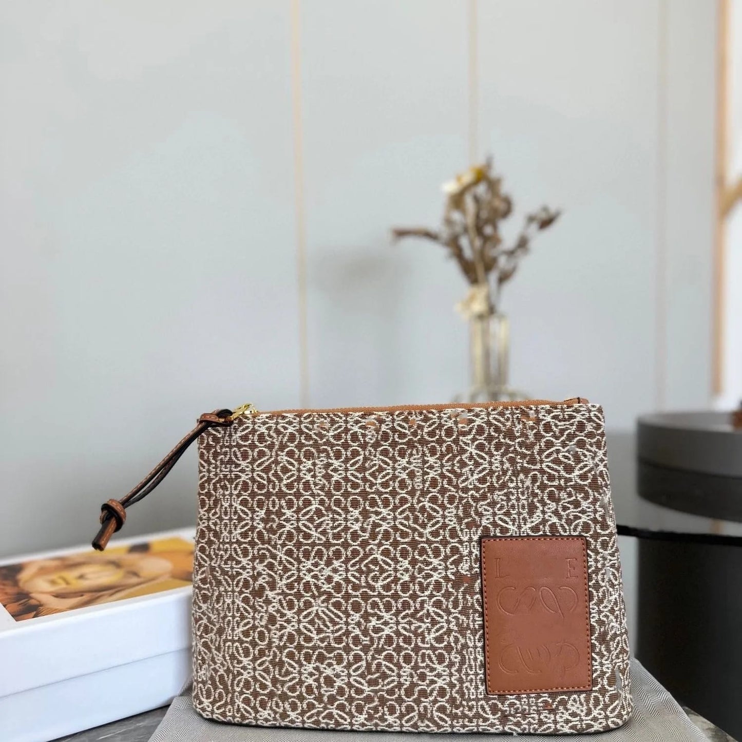 Oblong Pouch in Anagram Jacquard & Calfskin