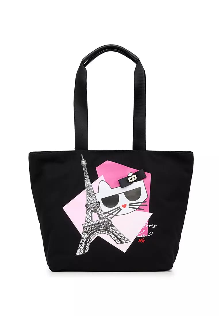 Sac cabas en toile Karl Lagerfeld Kristen noir et ruban rose